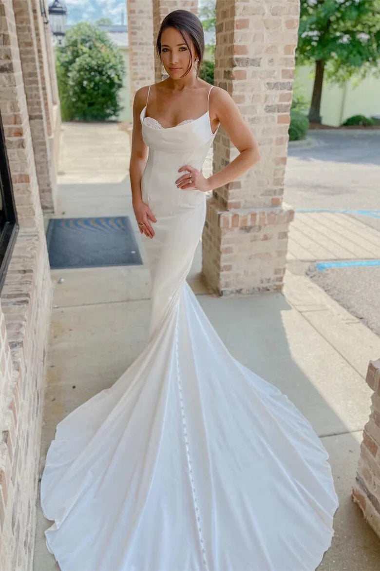 Robe de mariée sirène longue à bretelles spaghetti et col rond avec dos ouvert